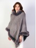 Solid Color Knitted Poncho W/ Fur Collar & Trim